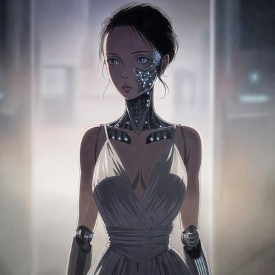 The primary subject of the image is a woman wearing a dress and a robotic head. She is standing in a room with a doorway visible in the background. The visual style of the image is digital art, and the colors and mood are predominantly dark and mysterious.